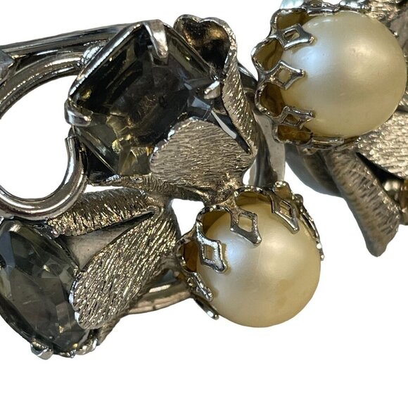 Vintage Silver-Tone Bracelet with Faux Pearls & Smoky Quartz Crystals Statement - Picture 5 of 15